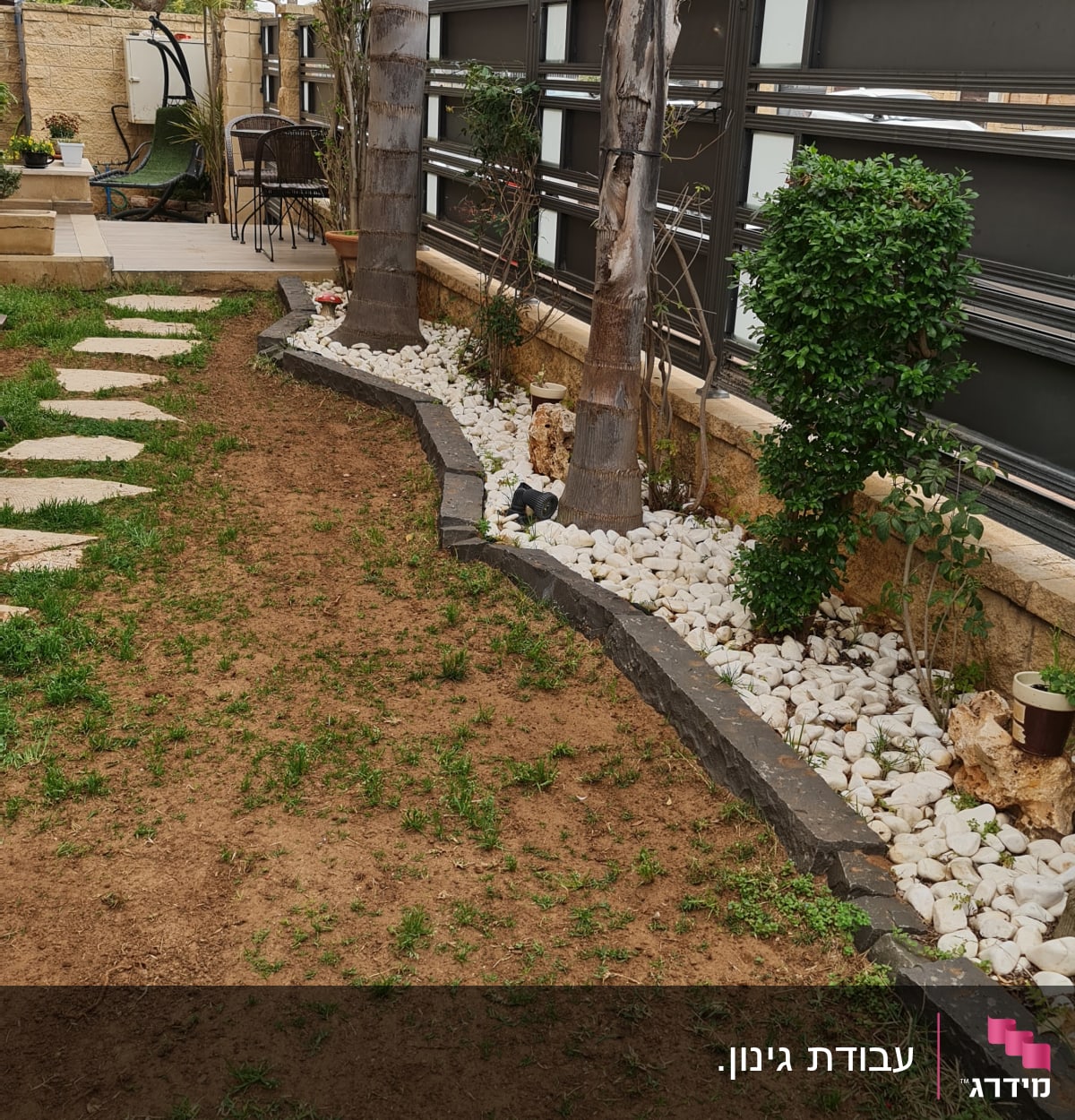 שביל אבנים, עצים, שיחים, ואבנים לבנות בגינה